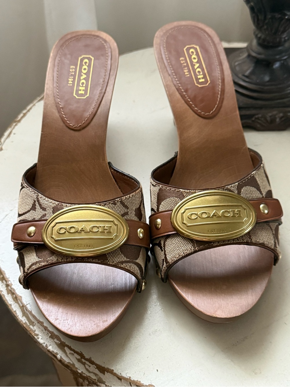 Coach Tan Brown Signature Canvas Slide Mules with Gold Plaque